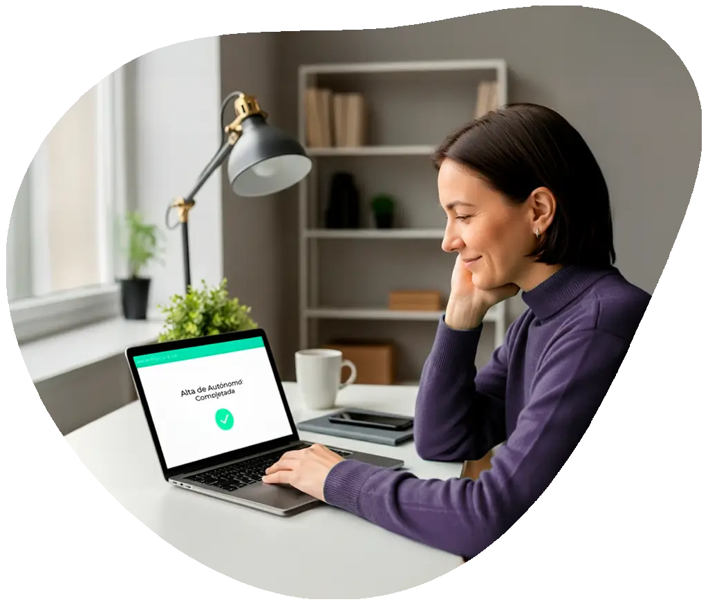 Emprendedora sonriendo con alivio al completar el alta de autónomo online en su portátil con la ayuda de su gestoría.